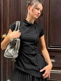 Daiiibabyyy  Fashion Solid Lapel Short Sleeve Slim Cropped Blouse Vintage Women Black Irregular Buttons Top Lady Daily Street Y2k Tops
