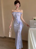 DAIIIBABYYY  -  New Purple Mesh Sequins Print Sling Sexy Dress Women Elegant Casual Ruffled Beach Dress Summer Korean Bodycon Maxi Dresses