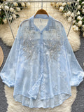 Daiiibabyyy   Embroidered Beaded Lantern Sve irt Women's Summer Thin Loose Outerwear Long Sve Top Korean Sle Commute