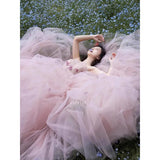 Daiiibabyyy  Fairy Blush Pink Wedding Dresses Off Shoulder Tulle A-Line Photos Shoot Dresses Bridal Dress Elegant Prom Gowns Customized