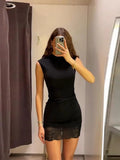 Daiiibabyyy  Sleeveless Stretch Lace Patchwork Short Dress Women Sexy O-neck Waist Cinching Hip Package Bodycon Evening Dresses Chic New Robe