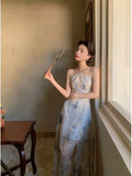 Daiiibabyyy  collar printed suspender dress spring new fashionable cool breeze women's chiffon split open backless dress R34K