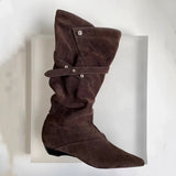 Daiiibabyyy  Vintage Faux Suede Rivet Strap Flod Women Mid-calf Boots Fashion Autumn Winter Low Heeled Chelsea Modern Boots Shoes Botas Mujer