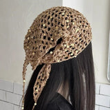Daiiibabyyy  Fashion Sparkly Sequined Headscarf Headband Ins Style Versatile Knitted Triangle Scarf Y2K Hollow Beanies Headband Accessories