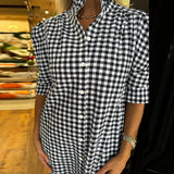 Daiiibabyyy  Casual Half Sleeved Button Up Shirt Long Dress Fashion Commuting Loose Party Dress Ladies Elegant Plaid Print Stand Collar Dress