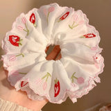 Daiiibabyyy  Red Strawberry Hand-Embroidered Multi-Layer Lace Hair Ring Spring Fresh Women's Hair Accessories