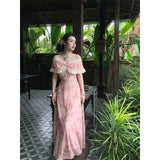 Daiiibabyyy  Vintage Floral Midi Dress Women Elegant Slash Neck Lace Dresses Summer Vacation Korean Sexy Off Shoulder Bodycon A Line Vestidos