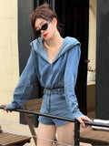 DAIIIBABYYY  -  Autumn Women Denim Pants Suits Blue Hooded Pullover Shirt Top Female High Waist Shorts Fashion Streetwear