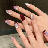 Daiiibabyyy  10pcs Gentle Purple Ice Flower Press On Nails Glass Bead Cat's Eye Wine-red French Style Handmade False Nails DIY Fake Nail Tips
