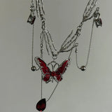 Daiiibabyyy  Gothic Red Butterfly Crystal Pendant Sliver Ghost Claw Short Choker Chain Necklace For Women Punk Y2K Charms Jewelry Accessories