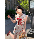 DAIIIBABYYY  -  Summer Fashion Small Girl Red Cherry Print Doll Dress Women Cute Bow Slim Mini Shirt Dress Holiday Sleeveless Short A Line Skirt