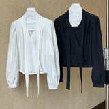 DAIIIBABYYY  -  Autumn New Ribbon Hanging Neck Shirt for Women, Korean Style Slimming and Elegant Top