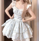 DAIIIBABYYY  -  Hot Girl Lace Flying Sleeve Floral Dress for Women's Summer Slim Fit Square Collar A-line Short Dress Fashion Female Clothes