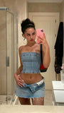 Daiiibabyyy Sexy Women Denim Corset Short Coat Vintage Y2K Blue Sleeveless Off Shoulder Side Zipper Summer Ladies Streetwear Wrap Chest Tops