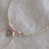 DAIIIBABYYY  -  Bow Love Cross Imitation Pearl Pendant Necklace for Women French Romantic Sweet Lolita Clavicle Chain Harajuku Fashion Jewelry