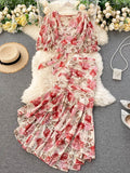 DAIIIBABYYY  -  Bohemian Pink/Blue Floral Print Chiffon 2pcs Set Women Summer Bandage Short Tops + High Waist Mermaid Skirt Female Sets