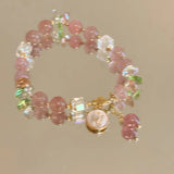 Daiiibabyyy  Light Luxury Strawberry Crystal Pink Beads Beaded Bracelet Exquisite Tassel Pendant Flower Bracelet Temperament Handmade Jewelry