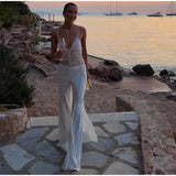 Daiiibabyyy  White Lace Sheer Corset Maxi Dress Eyelash Lace Trim Bodice High Slit Satin Skirt Summer Bridal Evening Party Women Outfit