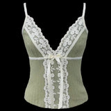 DAIIIBABYYY  -  Contrast Lace Trim Patchwork Camisole Y2K Aesthetic Bow Tie-up Straps Crop Tops Ribbed Corset Cute Skinny Vest Lolita Tops