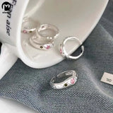 Daiiibabyyy  Sweet Pink Crystal Open Rings for Women Girls Korean Simple Silver Color Matte Irregular Adjustable Finger Rings Jewelry Gifts