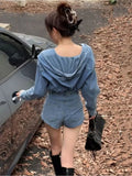 DAIIIBABYYY  -  Autumn Women Denim Pants Suits Blue Hooded Pullover Shirt Top Female High Waist Shorts Fashion Streetwear