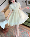 Daiiibabyyy  Spring and Summer French Sweet Bow Lace Embroidered Short Slimming High-Waist Princess Dress for Women