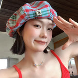 DAIIIBABYY  -  Retro Contrasting Color Plaid Berets for Women Show Face Small Spring Summer Japanese Casual Versatile Literary Painter Hats