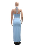 DAIIIBABYYY  -  Solid Minimalist Two Piece Sets for Women Halter Sleeveless Short Tops High Waist Spliced Appliques Skirts Chic Set Female