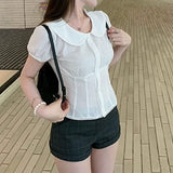 DAIIIBABYYY  -  French Sweet White Doll Collar Short Sleeve Women Bubble Sleeve Top Design Sense Pure Color Cotton Shirt