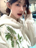 DAIIIBABYYY  -  Cotton Floral Embroidery Hooded Sweatshirt for Autumn and Winter Thick American Style New Sweet Pullover Jacket Loose Top