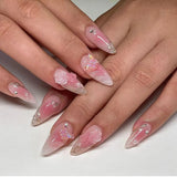 DAIIIBABYYY  -  24pcs Pink Blush Flower Fake Nail for Women Wearable Y2k 3D Wave Decor False Nail Patch Korean Sweet Almond Press on Nails