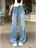 Daiiibabyyy  Women's Embroidered Floral Wide Leg Jeans High Waist Slim Fit Straight Cut Summer New Sle Thin Version Casual Denim Pants