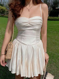 Daiiibabyyy  beige short party dress sleeveless straps sexy women dress pleated smocked back elegant summer dress ladies