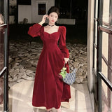 Daiiibabyyy  Vintage Elegant Velvet Long Dress for Woman Autumn New Square Collar Puff Sleeves A Line Party Dresses Party Evening Vestidos