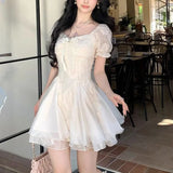 Daiiibabyyy  Summer French Style Square Collar Mini Dress Fashion Gauze Lace Spliced Female Clothing Elegant Puff Sleeve Ball Gown Dresses