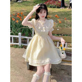 Daiiibabyyy  Spring and Summer French Sweet Bow Lace Embroidered Short Slimming High-Waist Princess Dress for Women