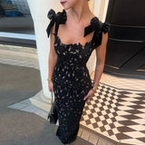 DAIIIBABYYY  -  Bow Suspenders Slim Banquet Dress Women Sexy Hollow Embroidery Solid Color Long Dress 2025 Fashion Backless Zipper A-line Dress