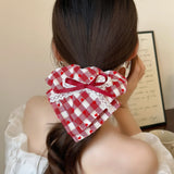 Daiiibabyyy  Women's Scrunchies Sweet Style Red Checkered Heart Shaped Hair Band Sweet Lace Hair Hair Tie Square Scarf Hair Tie Leather Band