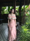 Daiiibabyyy  Vintage Floral Midi Dress Women Elegant Slash Neck Lace Dresses Summer Vacation Korean Sexy Off Shoulder Bodycon A Line Vestidos