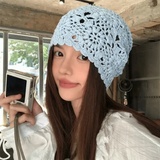 Bohemian Style Crochet Flower Knitted Hat Thin Korean Lace Woven Cap Apparel Accessories Handmade Hollowed Out Beanie Cap Girls
