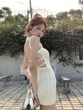 DAIIIBABYYY  -  Sweet Hot Girl White Knitted Strap Dress for Women's Summer Vacation Style Sexy Chic Hip Wrap Short Dress Fashion Female Clothes