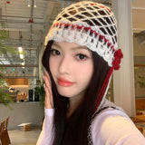Daiiibabyyy  Women's Kawaii Hats Sweet Cute Y2K Hollowed Out Flower Bun Hat Color Blocked Knitted Woolen Cold Hat Beret Korean Version Caps