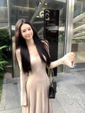 Daiiibabyyy  French Knitted Long Dress Coat Women's Early Spring Design Waist Cinching Gown Elegant Classy A- Line Skirt