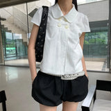 Daiiibabyyy  Women's Blouse Retro Cotton Woven White Blouses Short Sleeve Solid Color Loose Fit Shirt Button Up Puffed Sleeve Gray Top