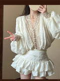DAIIIBABYYY  -  French Pure Sexy Suit Women's Spring Lace Long-sleeved Shirt High Waist A-line Short Skirt Two-piece Set Fashion Female Clothes