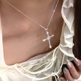 Daiiibabyyy New Crystal Cross Pendant Necklace for Women Girls Shiny Sweet Chain Punk Party Fashion Pendant Fashion Jewelry Accessories