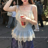 Daiiibabyyy  French Style Fashionable Lace Patchwork Slim Camis Summer Waist Tops Female Clothing Solid Color Basic Hotsweet Sleeveless Tanks
