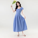Daiiibabyyy  New Summer French Elegant Sexy Slash Neck Simple Summer Dress Women's Slim Waist Fuff Short Sleeve Solid Long Evening Dress