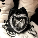 Daiiibabyyy  Lace Plaid Love Heart Mochilas Mujer Sweet Cute Bow Mochila Drawstring Bag Portable Lightweighte Backpack Y2k Bags for Woman