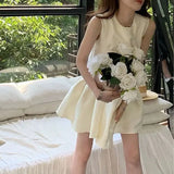 Daiiibabyyy  Elegant French Style Bow A-Line Mini Dress Summer Sleeveless Female Clothing Fashionable Drawstring Aura Solid Color Sundress